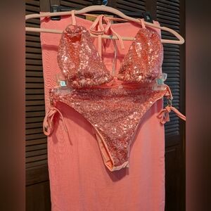 Sequin Pink Bikini with Matching Wrap